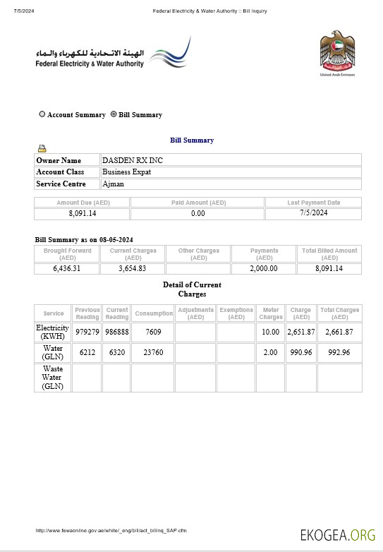Facture d'électricité et de services publics de l'Autorité fédérale de l'électricité et de l'eau des Émirats arabes unis de Dubaï Formats Word et PDF